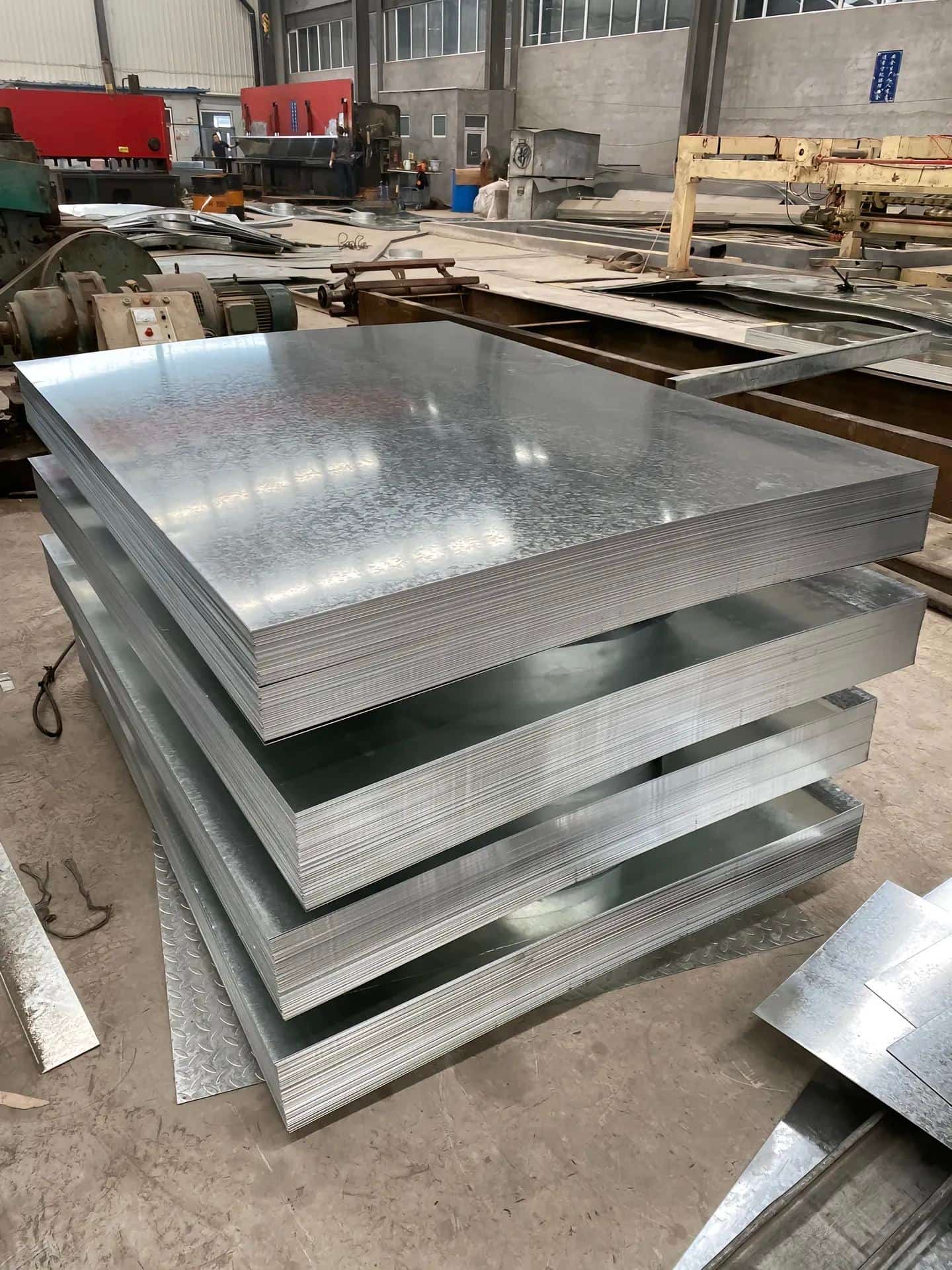 Metal işleme tesisinde istiflenmiş galvaniz kaplı çelik sac levhalar