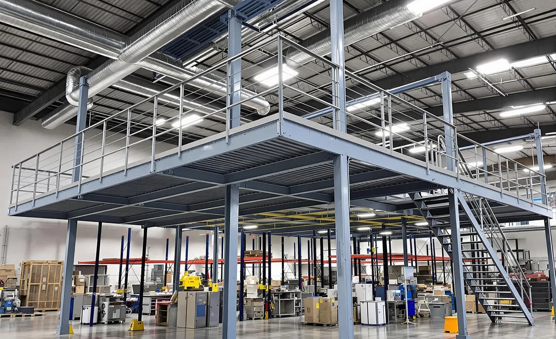 Fabrika içinde kolonlu çelik ara kat ve erişim merdiveni